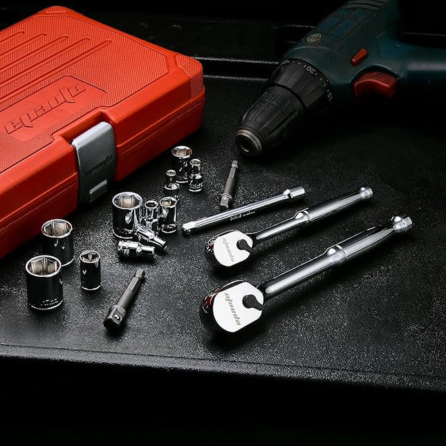 EPAuto 47 Pieces 1/4-Inch and 3/8-Inch Drive Socket Set with 90 Tooth Reversible Ratchet